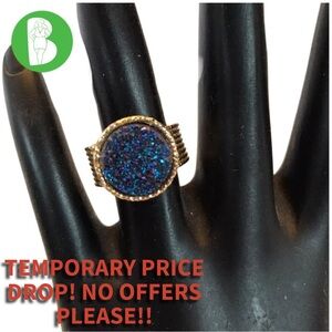 14K SOLID YELLOW GOLD WITH BLUE DRUZY QUARTZ STACKED WRAP STYLE RING (5.25)